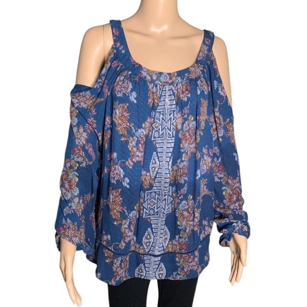 Knox Rose Women's XXL Top Cold Shoulder Floral Multicolor Print Elastic Cuff NEW